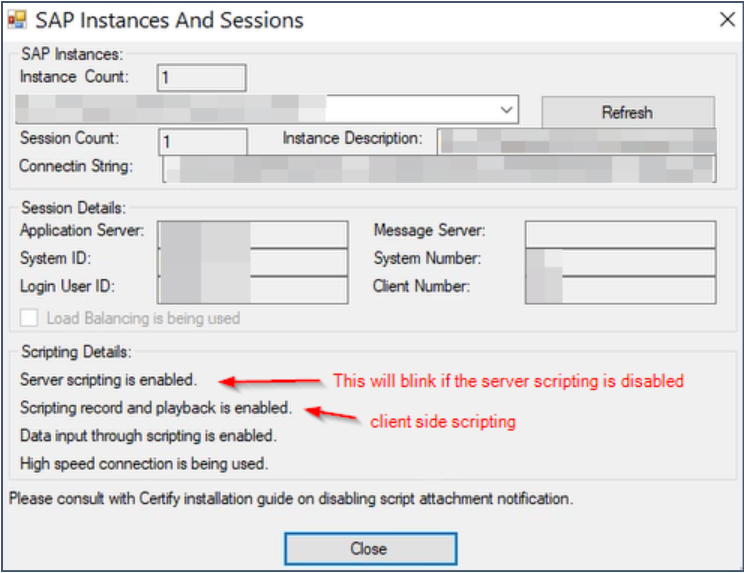 SAP Instances and Session Popup