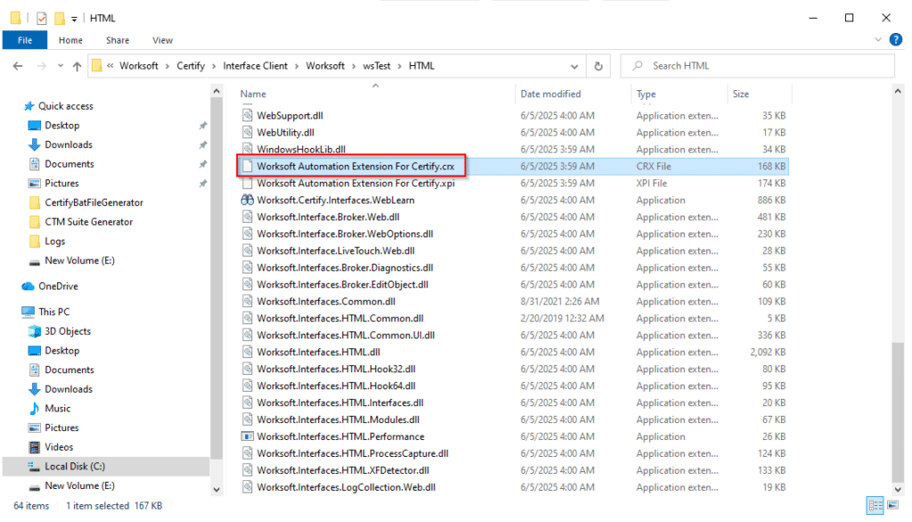 Worksoft installation folder showing the Certify browser extension .crx file