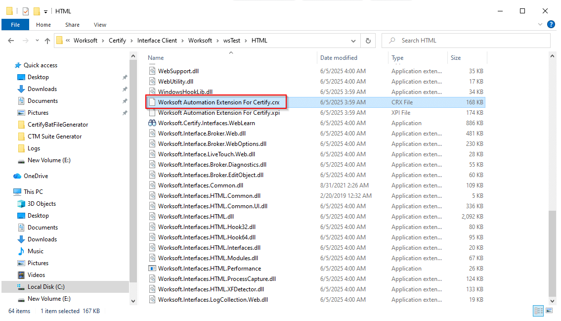  Worksoft installation folder showing the Certify browser extension .crx file