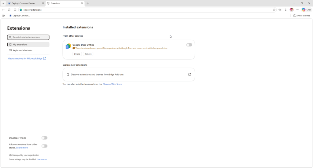 Microsoft Edge Extensions page at edge://extensions with Developer
  mode turned off in the left panel.