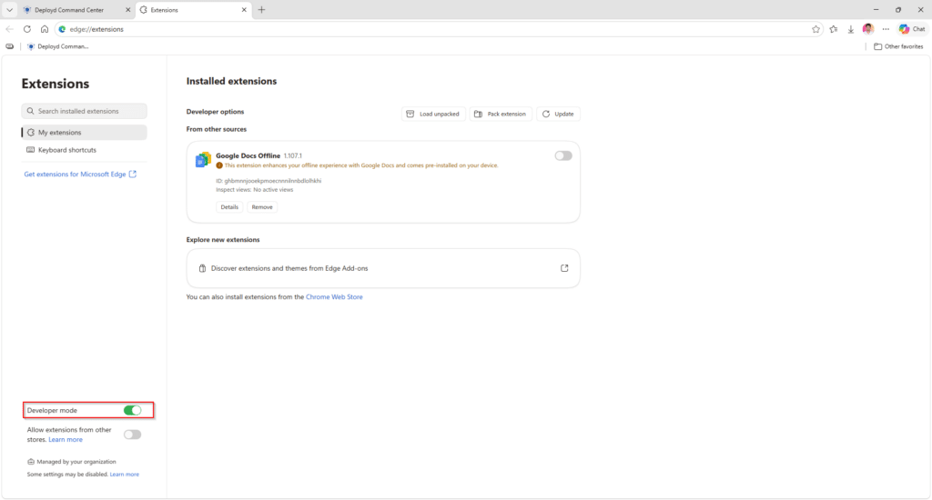 Edge Extensions page with the Developer mode toggle switched on   
  and highlighted in the left panel.  