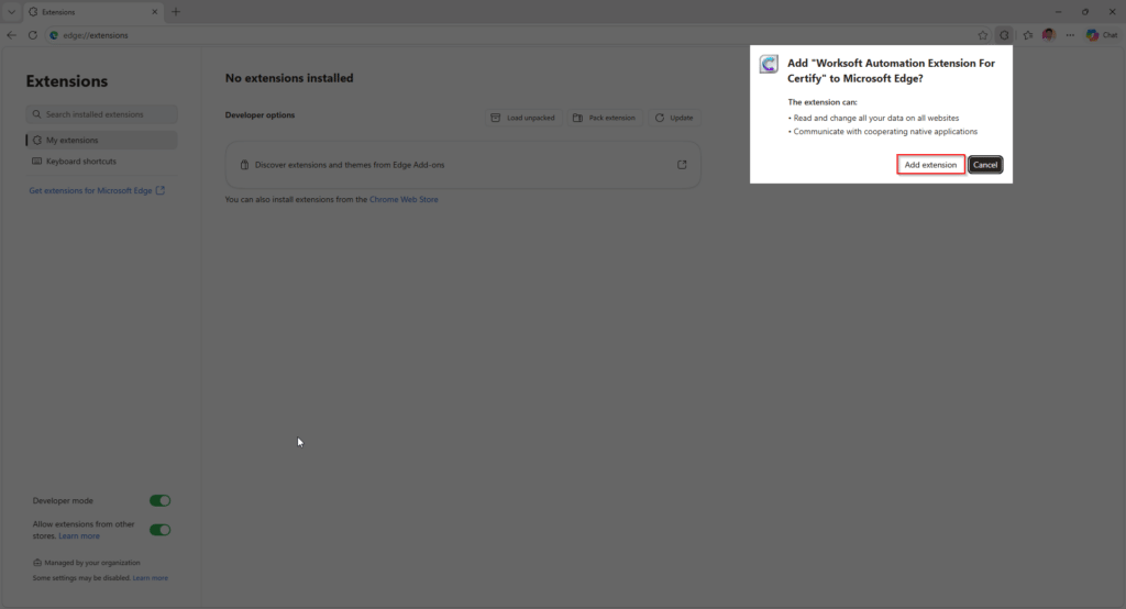  Edge confirmation dialog asking to add "Worksoft Automation       
  Extension For Certify" to Microsoft Edge with the Add extension button highlighted. 