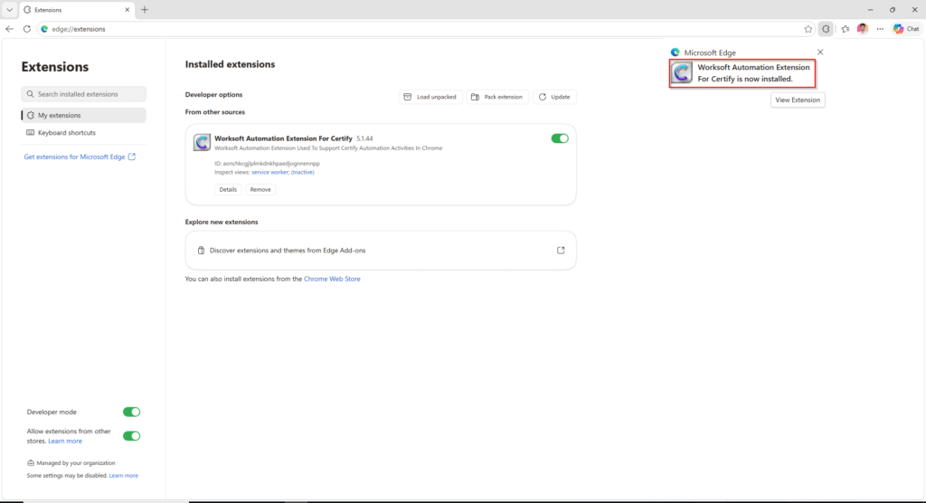 Edge notification confirming "Worksoft Automation Extension For   
  Certify is now installed", with the extension listed and enabled.           
                                                                  