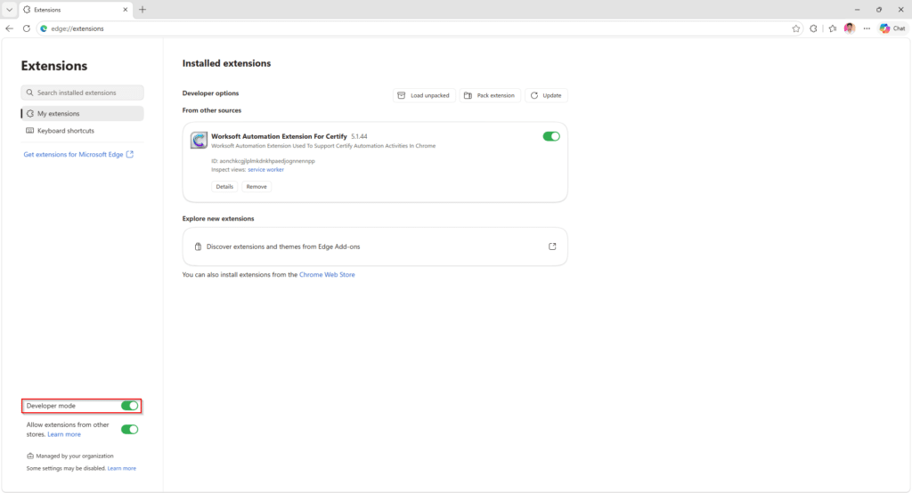 Edge Extensions page with Developer mode already on and the     Certify extension listed.       