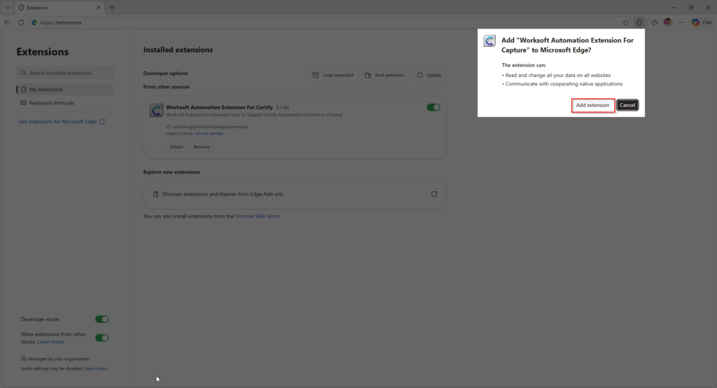 Edge confirmation dialog asking to add "Worksoft Automation       
  Extension For Capture" to Microsoft Edge with the Add extension button highlighted. 