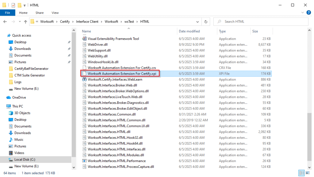 Windows File Explorer showing the Worksoft Certify HTML folder with "Worksoft Automation Extension For Certify.xpi" highlighted.