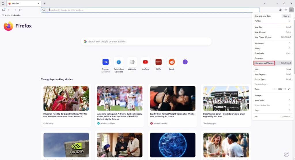Mozilla Firefox menu open with the "Extensions and Themes" option highlighted
