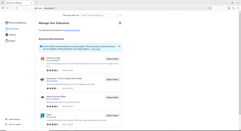Firefox Add-ons Manager at about:addons showing the Manage Your   
  Extensions page with recommended extensions. 