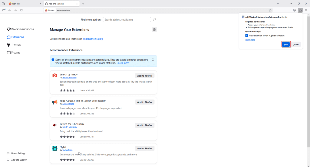 Firefox prompt to add "Worksoft Automation Extension For Certify" 
  with "Allow extension to run in private windows" checked and the Add button highlighted.  