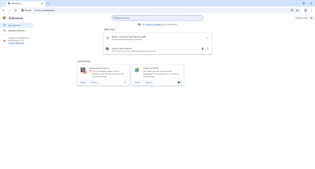 Chrome Extensions page at chrome://extensions with Developer mode 
  turned off.