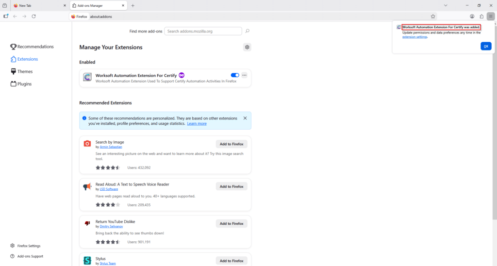 Firefox notification confirming "Worksoft Automation Extension For
  Certify was added", with the extension listed under Enabled.   