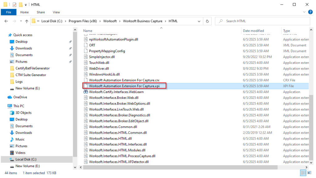 Windows File Explorer showing the Worksoft Business Capture HTML  
  folder with "Worksoft Automation Extension For Capture.xpi" highlighted. 