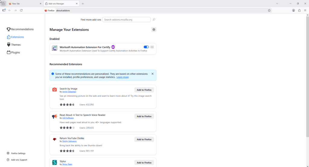 Firefox Add-ons Manager showing the Certify extension already     
  enabled, ready for the Capture extension to be added.                       
                                                        