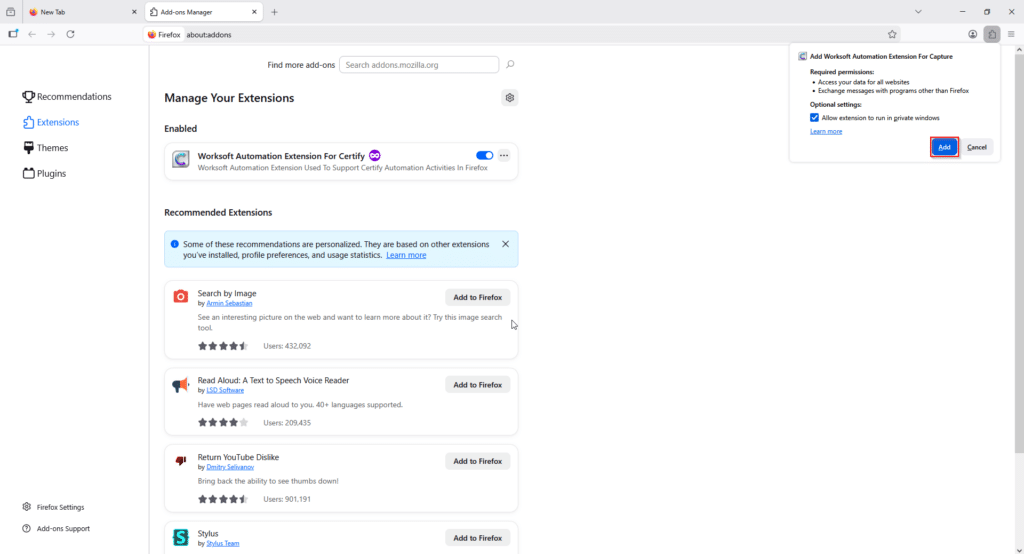 Firefox prompt to add "Worksoft Automation Extension For Capture" 
  with "Allow extension to run in private windows" checked and the Add button 
  highlighted. 