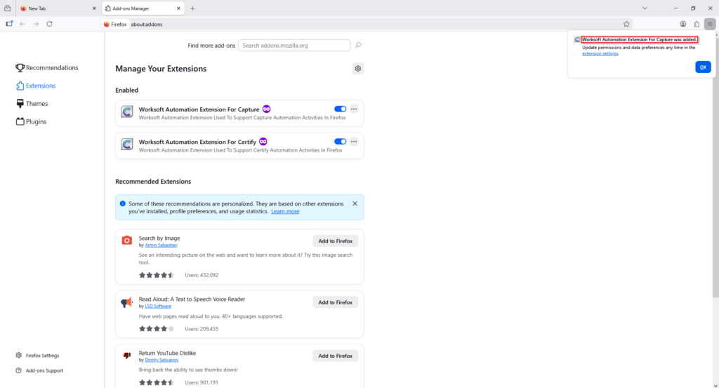  Firefox notification confirming "Worksoft Automation Extension For
  Capture was added", with both Worksoft extensions listed under Enabled. 