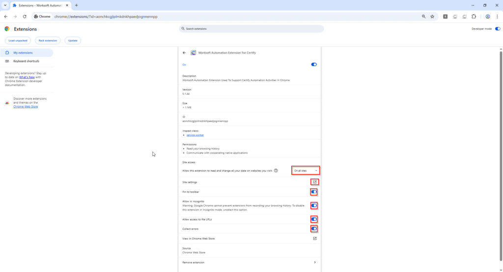 Chrome extension details page for Worksoft Automation Extension   
  For Certify with Site access, Site settings, Pin to toolbar, Allow in       
  Incognito, Allow access to file URLs, and Collect errors highlighted. 