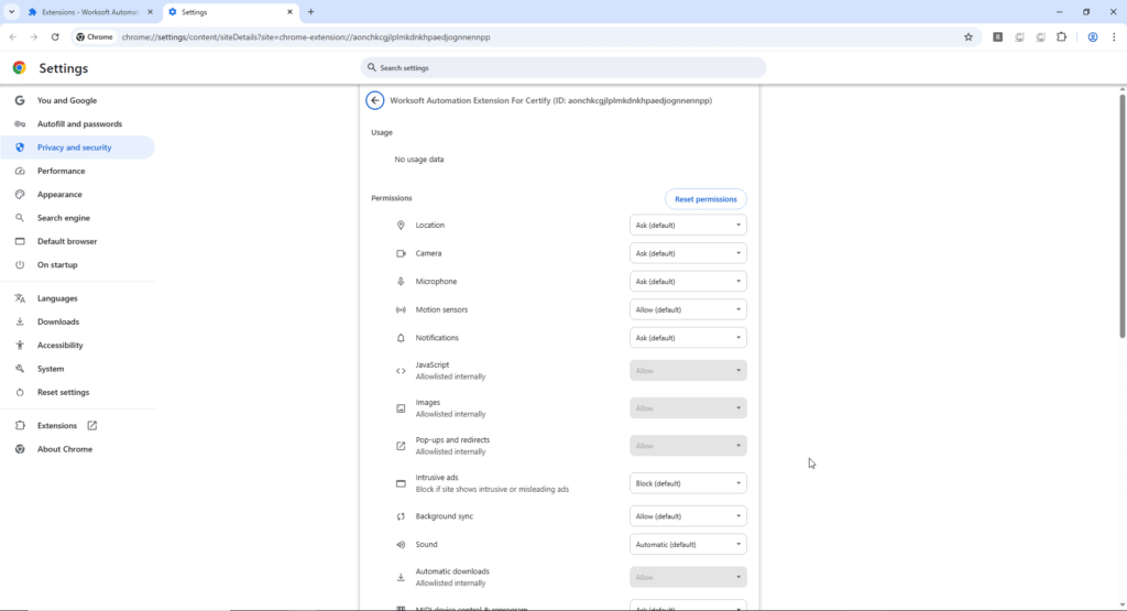Chrome Settings page showing site permissions for Worksoft        
  Automation Extension For Certify, including Location, Camera, Microphone,   
  and JavaScript.