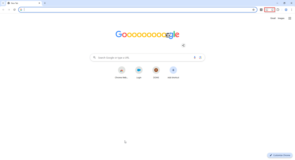 Chrome toolbar with the pinned Worksoft extension icons           
  highlighted and shown greyed out (inactive).      