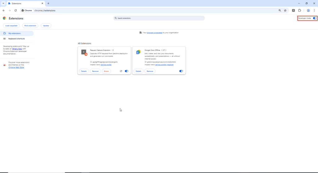 Chrome Extensions page with the Developer mode toggle switched on 
  and highlighted in the top-right corner.  