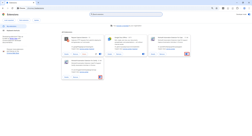 Chrome Extensions page with the toggles for the Worksoft Certify  
  and Capture extensions highlighted and turned on.      