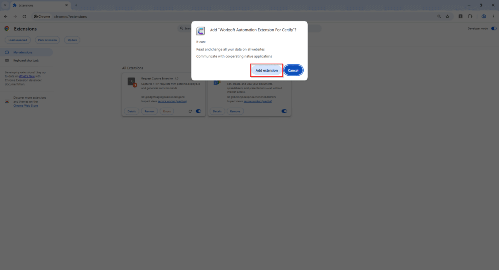 Chrome confirmation dialog asking to add "Worksoft Automation     
  Extension For Certify" with the Add extension button highlighted.  