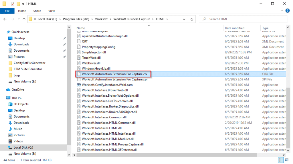 Windows File Explorer showing the Worksoft Business Capture HTML  
  folder with "Worksoft Automation Extension For Capture.crx" highlighted.  